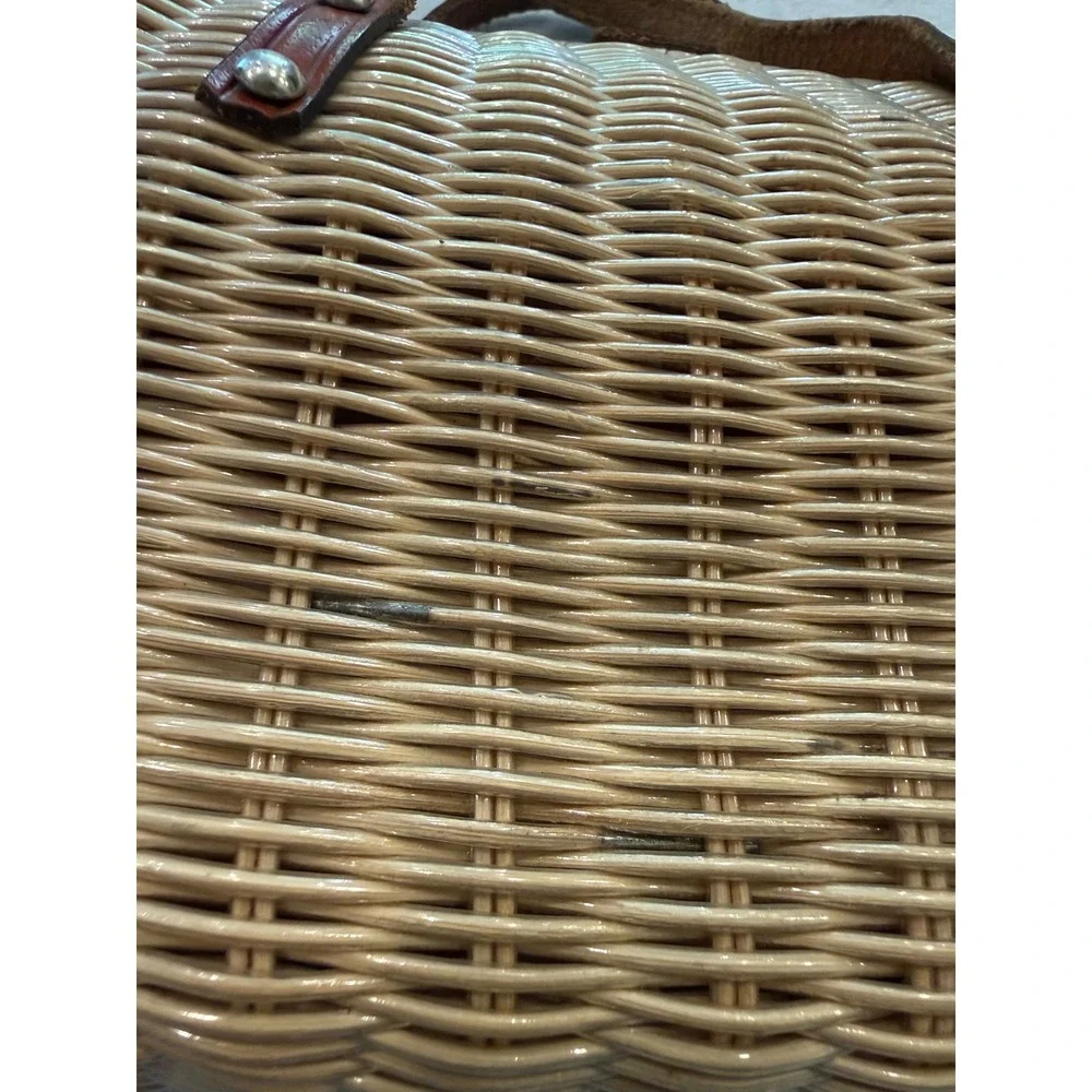 Vintage 1950s British Wicker Basket Handbag Brown Leather Trim Mid-Century Woven
